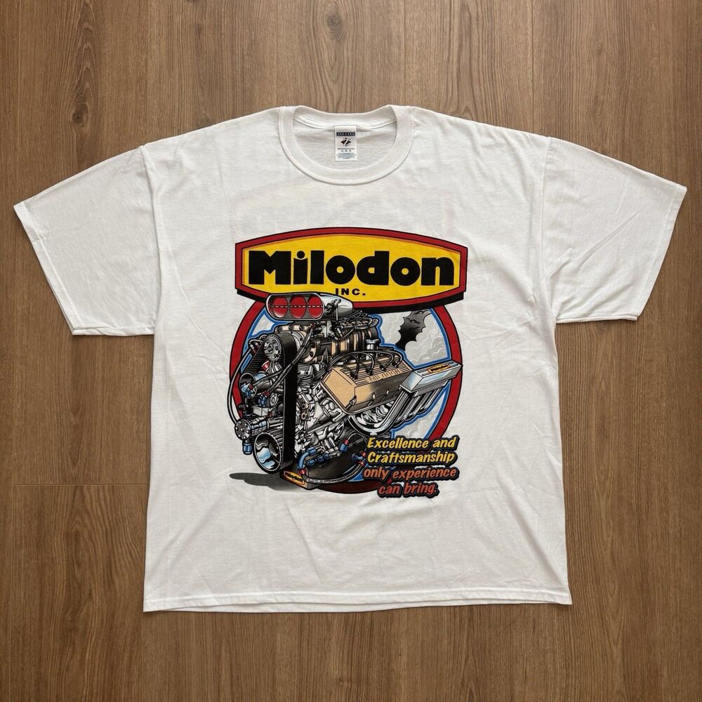 NWOT Vintage 90s Milodon T Shirt XL Jerzees Heavyweight Blend Racing Graphic Tee
